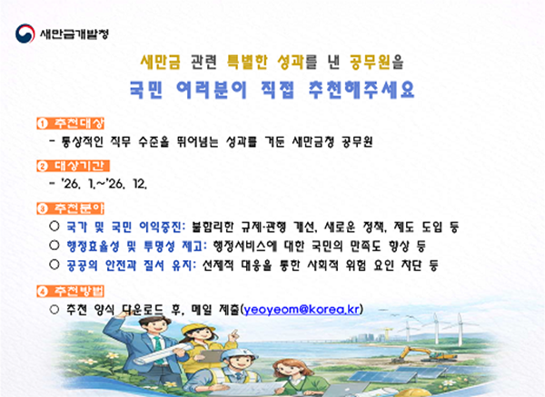 새만금 관련 특별한 성과를 낸 공무원을 국민 여러분이 직접 추천해주세요. 1 추천대상 - 통상적인 직무 수준을 뛰어넘는 성과를 거둔 새만금청 공무원 2 대상기간 - 26. 1. ~26. 12. 3 추천분야 국가 및 국민 이익증진: 불합리한 규제 관행 개선, 새로운 정책, 재도 도입등 행정효율성 및 투명성 제고: 행정서비스에 대한 국민의 만족도 향상등 공공의 안전과 질서 유지: 선제적 대응을 통한 사회적 위험 요인 차단등 4 추천방법 추천 양식 다운로드 후, 메일 제출(yeoyeom@korea.kr)